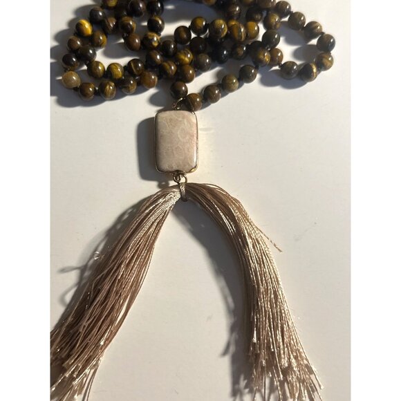 Vintage Fossil Coral Tiger Eye Necklace Beads Pendant 10k Agatized Stone - Picture 7 of 7